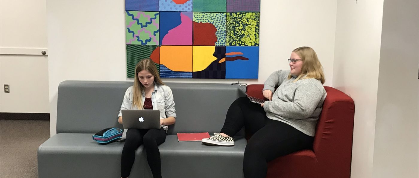 Students work while sitting on colorful couches at Spring Grove School