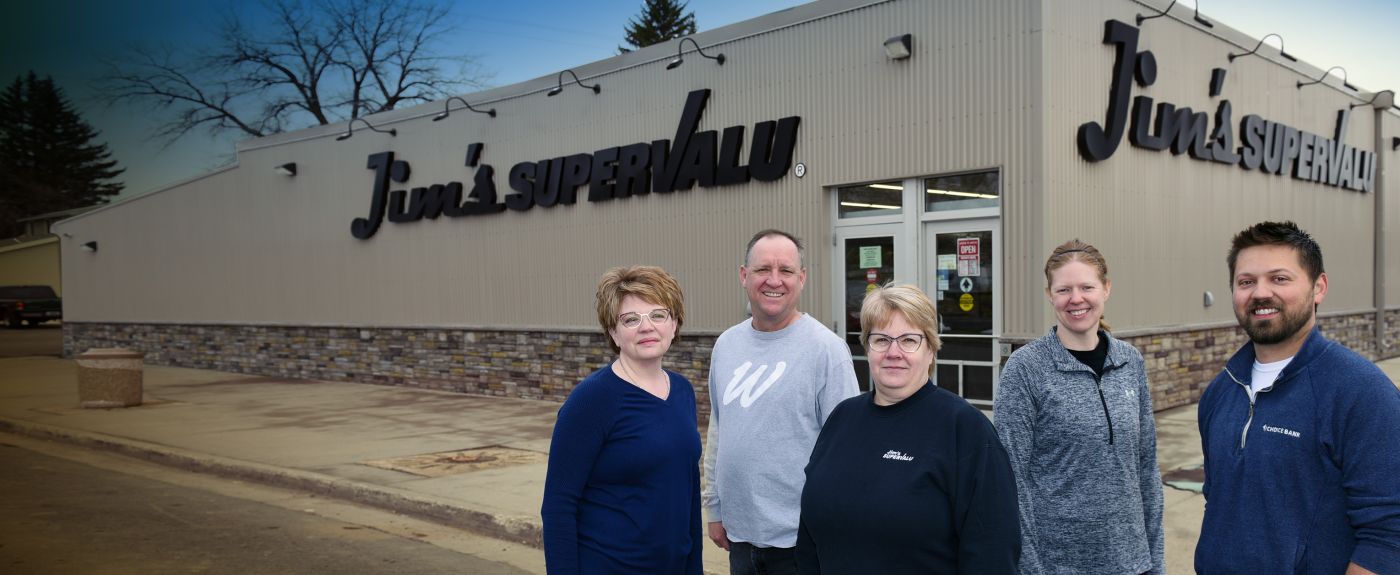 The board members who operate the Rural Access Distribution (RAD) cooperative appear in front of Jim’s SuperValu in Park River, North Dakota. They are Cindy Vargason, left, Steve Wells, Diana Hahn, Jenna Gullickson and Alex Bata.