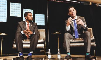 Mayor Melvin Carter of St. Paul and Mayor Jacob Frey of Minneapolis on stage at the BxB Summit