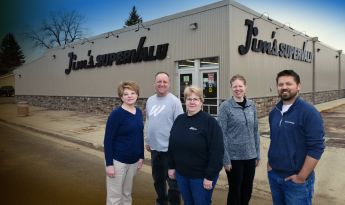 The board members who operate the Rural Access Distribution (RAD) cooperative appear in front of Jim’s SuperValu in Park River, North Dakota. They are Cindy Vargason, left, Steve Wells, Diana Hahn, Jenna Gullickson and Alex Bata.