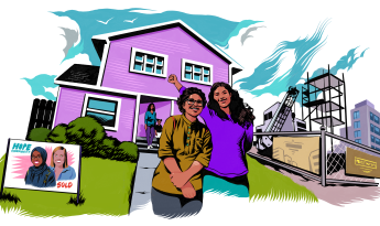 An illustration of two people standing outside of a beautiful home. 