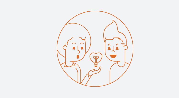 Illustration of two people looking at a heart-shaped light bulb