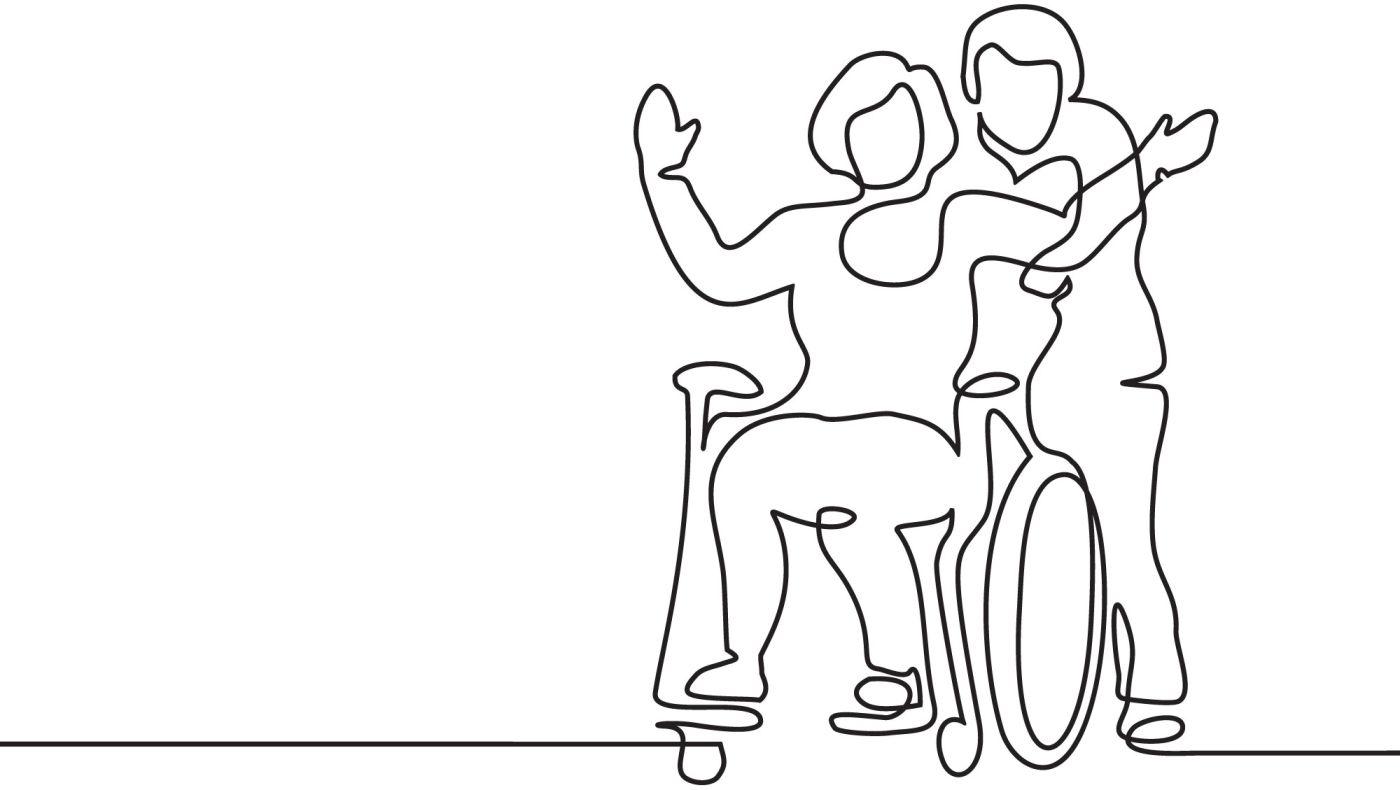 Line drawing illustration of woman in wheelchair being pushed from behind