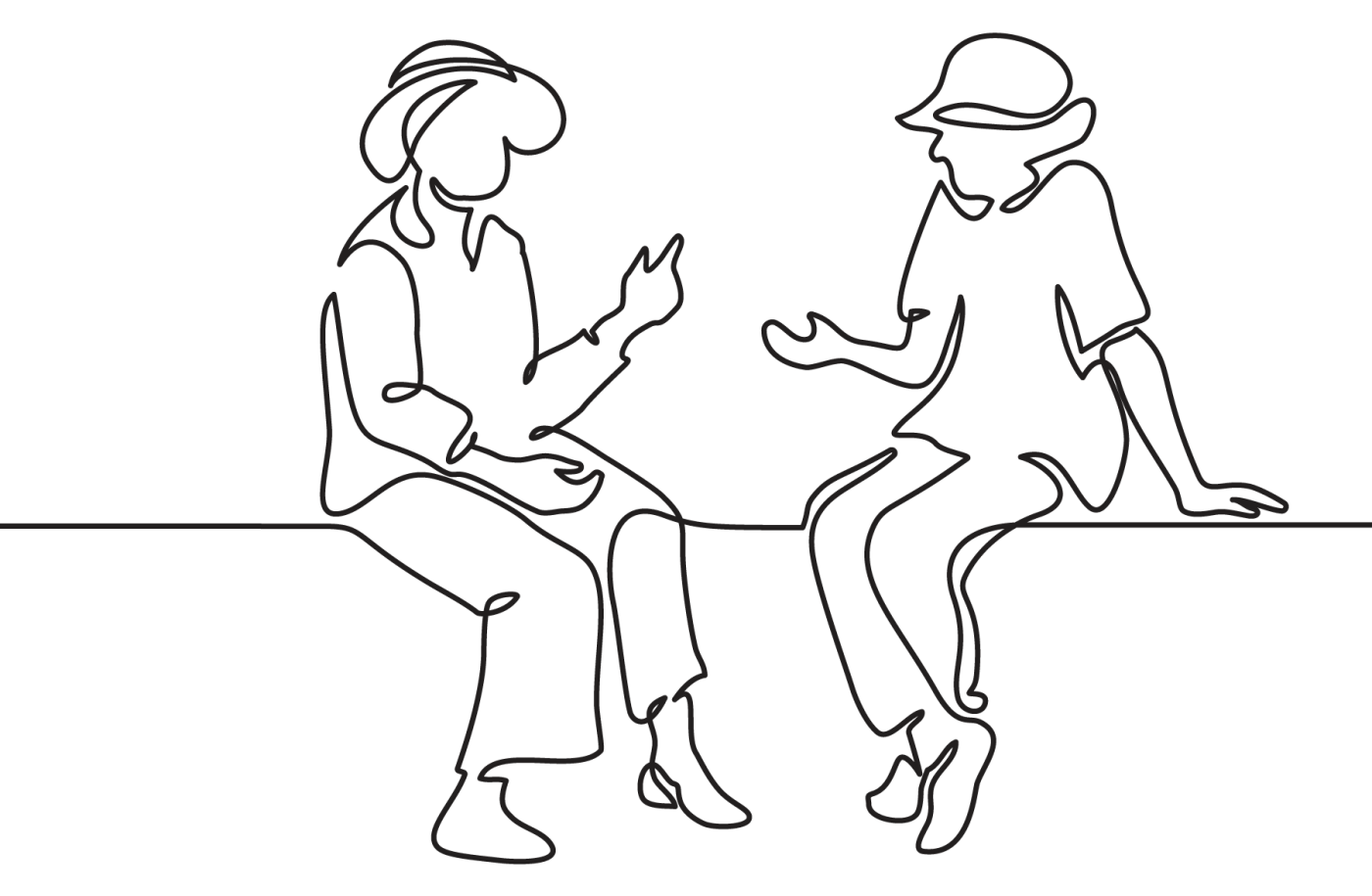 Line drawing of two people seated and talking