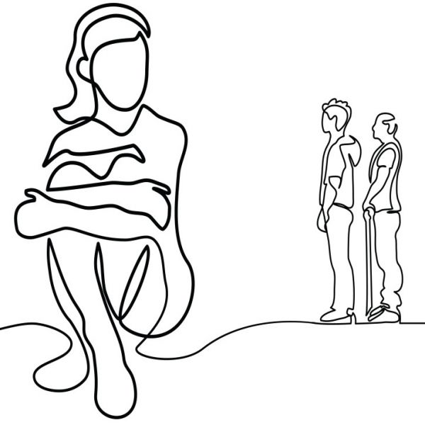 Line drawing of sitting woman with knees bent