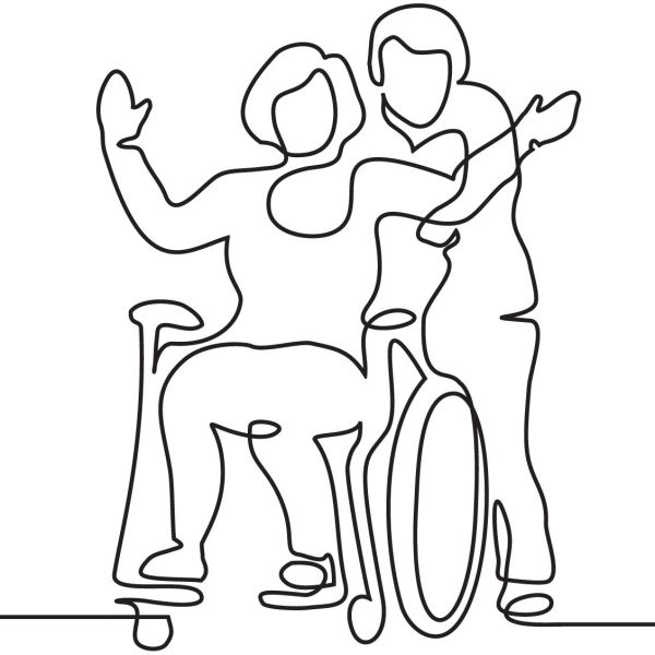 Line drawing illustration of woman in wheelchair being pushed from behind