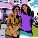 An illustration of two people standing in front of a house. 